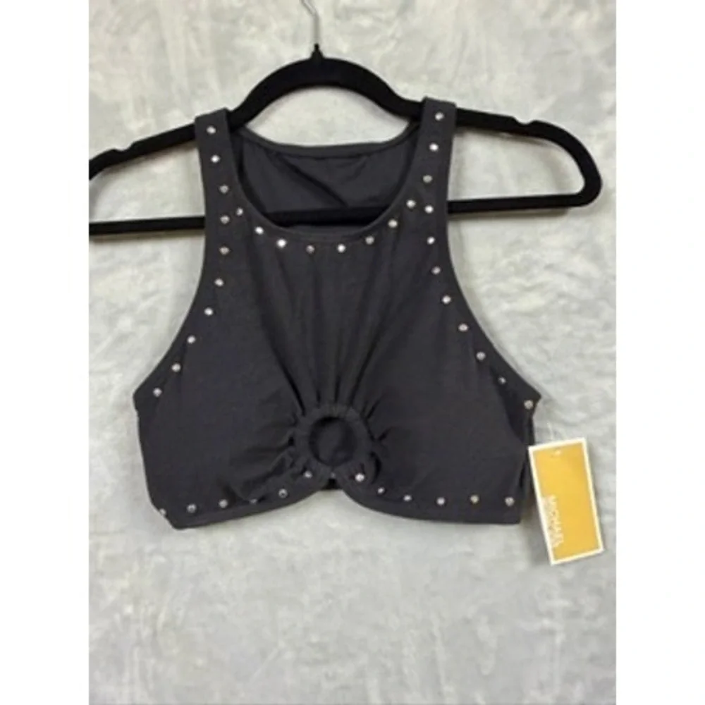 NWT Michael Kors Bikini Top Womens Black Studded O-Ring High Neck Crepe S $100